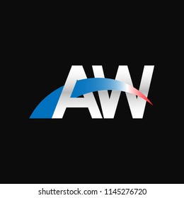Initial letters AW overlapping movement swoosh logo, metal silver blue red color on black blackground
