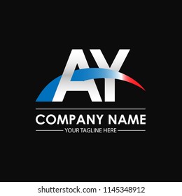 Initial letters AY overlapping movement swoosh logo, metal silver blue red color on black blackground