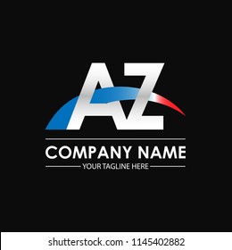 Initial letters AZ overlapping movement swoosh logo, metal silver blue red color on black blackground
