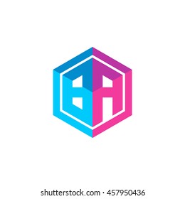 Initial letters BA hexagon box shape logo blue pink purple