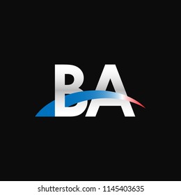Initial letters BA overlapping movement swoosh logo, metal silver blue red color on black blackground