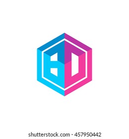 Initial letters BD, BO, hexagon box shape logo blue pink purple