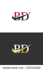 Initial Letters BD Travel Logo Design with Aircraft Airplane and Swoosh Icon