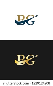 Initial Letters BG Travel Logo Design with Aircraft Airplane and Swoosh Icon