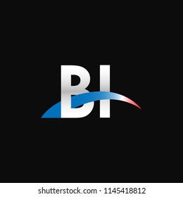 Initial letters BI overlapping movement swoosh logo, metal silver blue red color on black background