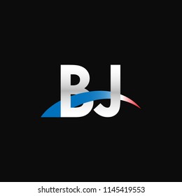 Initial letters BJ overlapping movement swoosh logo, metal silver blue red color on black background