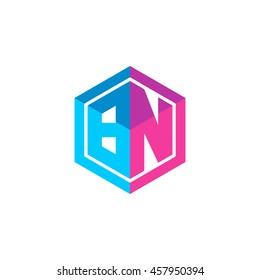 Initial letters BN hexagon box shape logo blue pink purple
