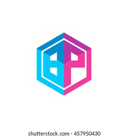 Initial letters BP hexagon box shape logo blue pink purple