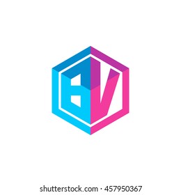 Initial letters BV hexagon box shape logo blue pink purple