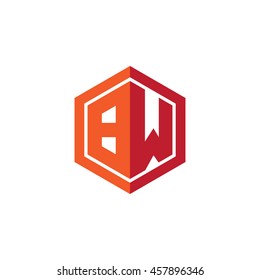 Initial letters BW hexagon shape logo red orange