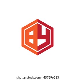 Initial letters BY hexagon shape logo red orange