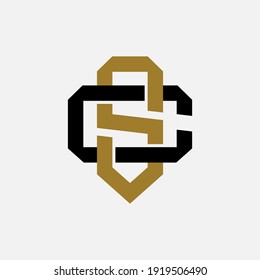 Initial letters C, S, CS or SC overlapping, interlock, monogram logo, black and gold color on white background