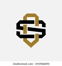 Initial letters C, S, CS or SC overlapping, interlock, monogram logo, black and gold color on white background