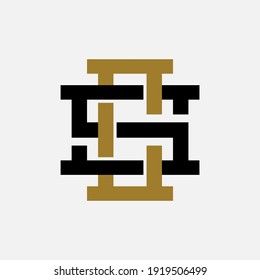 Initial letters C, S, CS or SC overlapping, interlock, monogram logo, black and gold color on white background