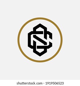 Initial letters C, S, CS or SC overlapping, interlock, monogram logo, black and gold color on white background