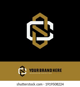 Initial letters C, S, CS or SC overlapping, interlock, monogram logo, white and gold color on black background