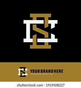 Initial letters C, S, CS or SC overlapping, interlock, monogram logo, white and gold color on black background