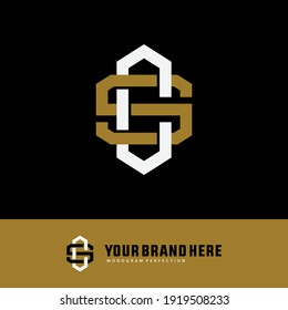 Initial letters C, S, CS or SC overlapping, interlock, monogram logo, white and gold color on black background