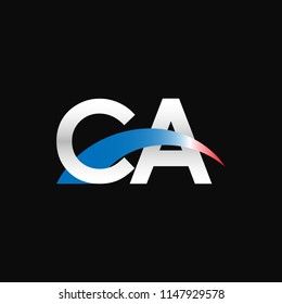 Initial letters CA overlapping movement swoosh logo, metal silver blue red color on black background