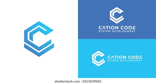 Initial letters CC rounded hexagon shape monogram blue simple modern logo presented with multiple background colors. The logo is also suitable for internet and technology company logo design template