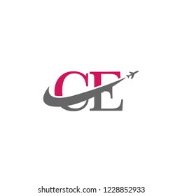 Initial Letters CE Travel Logo Design with Aircraft Airplane and Swoosh Icon