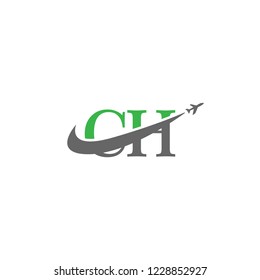 Initial Letters CH Travel Logo Design with Aircraft Airplane and Swoosh Icon
