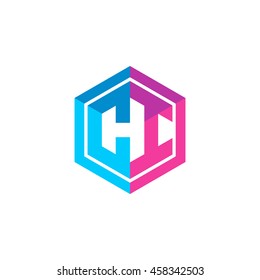 Initial letters CI hexagon box shape logo blue pink purple