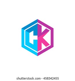 Initial letters CK hexagon box shape logo blue pink purple