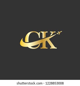 Initial Letters CK Travel Logo Design with Aircraft Airplane and Swoosh Icon
