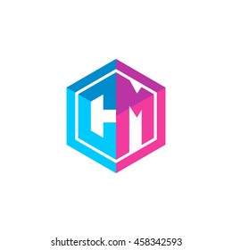 Initial letters CM hexagon box shape logo blue pink purple
