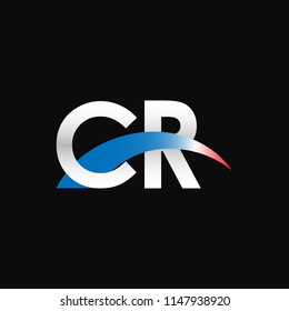 Initial letters CR overlapping movement swoosh logo, metal silver blue red color on black background
