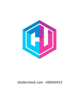Initial letters CU hexagon box shape logo blue pink purple