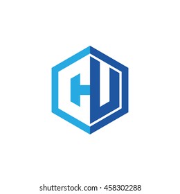 Initial letters CU negative space hexagon shape logo blue