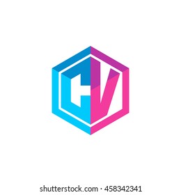 Initial letters CV hexagon box shape logo blue pink purple