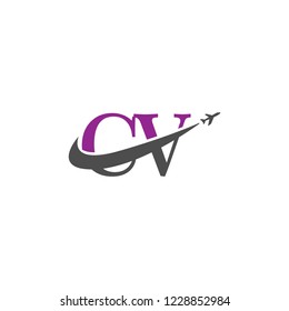 Initial Letters CV Travel Logo Design with Aircraft Airplane and Swoosh Icon
