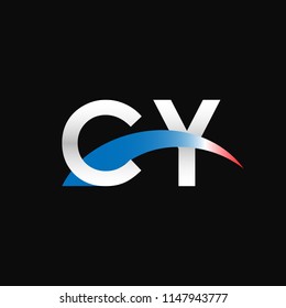 Initial letters CY overlapping movement swoosh logo, metal silver blue red color on black background