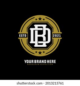 Initial letters D, B, DB or BD overlapping, interlocked monogram logo, gold and white color on black background