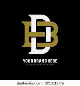 Initial letters D, B, DB or BD overlapping, interlocked monogram logo, gold and white color on black background