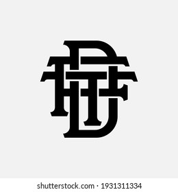 Las letras iniciales D, F, T, DFT, DTF, FTD, FDT, TDF o TFD se solapan, interbloquean, monograma, color negro sobre fondo blanco