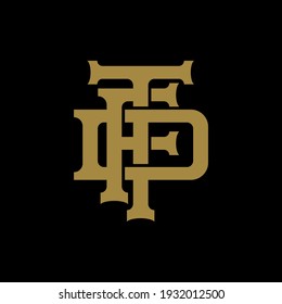 Las letras iniciales D, F, T, DFT, DTF, FTD, FDT, TDF o TFD se solapan, se entrelazan, se montan con el logotipo del monograma, el color dorado en el fondo negro