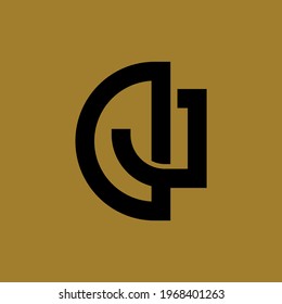 Initial letters D, J, DJ or JD overlapping, interlocked monogram logo, black color on gold background