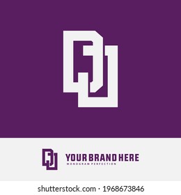 Initial letters D, J, DJ or JD overlapping, interlocked monogram logo, white color on purple background