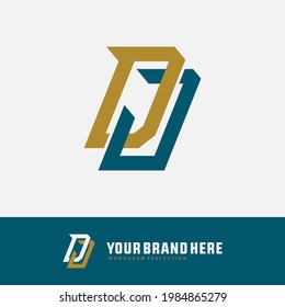 Initial letters D, J, DJ or JD overlapping, interlocked monogram logo, gold and green color on white background