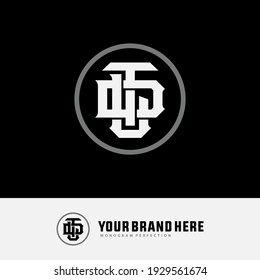 Initial letters D, T, L, DTL, DLT, TLD, TDL, LDT or LTD overlapping, interlock, monogram logo, white and gray color on black background