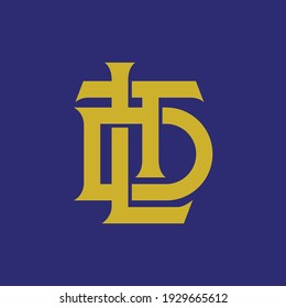 Initial letters D, T, L, DTL, DLT, TLD, TDL, LDT or LTD overlapping, interlock, monogram logo, yellow color on blue background