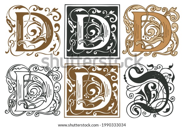 Initial letters D with vintage baroque\
ornamentations. Vector uppercase letters D with floral decorations.\
Beautiful filigree capital letter to use for monogram, logo,\
emblem, card, invitation,\
label