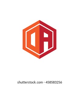 Initial letters DA, OA, hexagon shape logo red orange