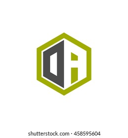 Initial letters DA, OA, negative space hexagon shape logo green black gray