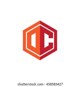 Initial letters DC, OC, hexagon shape logo red orange