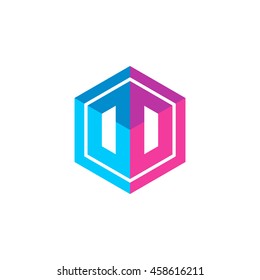 Initial letters DD, OO, hexagon box shape logo blue pink purple